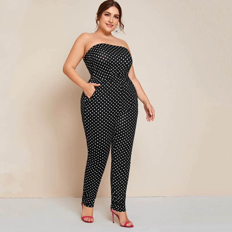 Plus Size Dot Printed Strapless Sexy Pocket Summer Spring Elegant Fashion Jumpsuit.