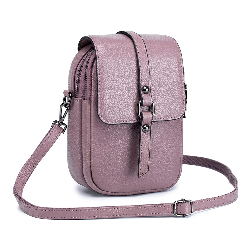 Genuine Leather Women Small Shoulder Bag Cute Crossbody Messenger Female Little Soft Purse Double Zipper Pockets