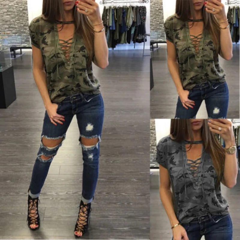 Summer Women Short Sleeve Camouflage Loose Casual Shirt.  S-4X