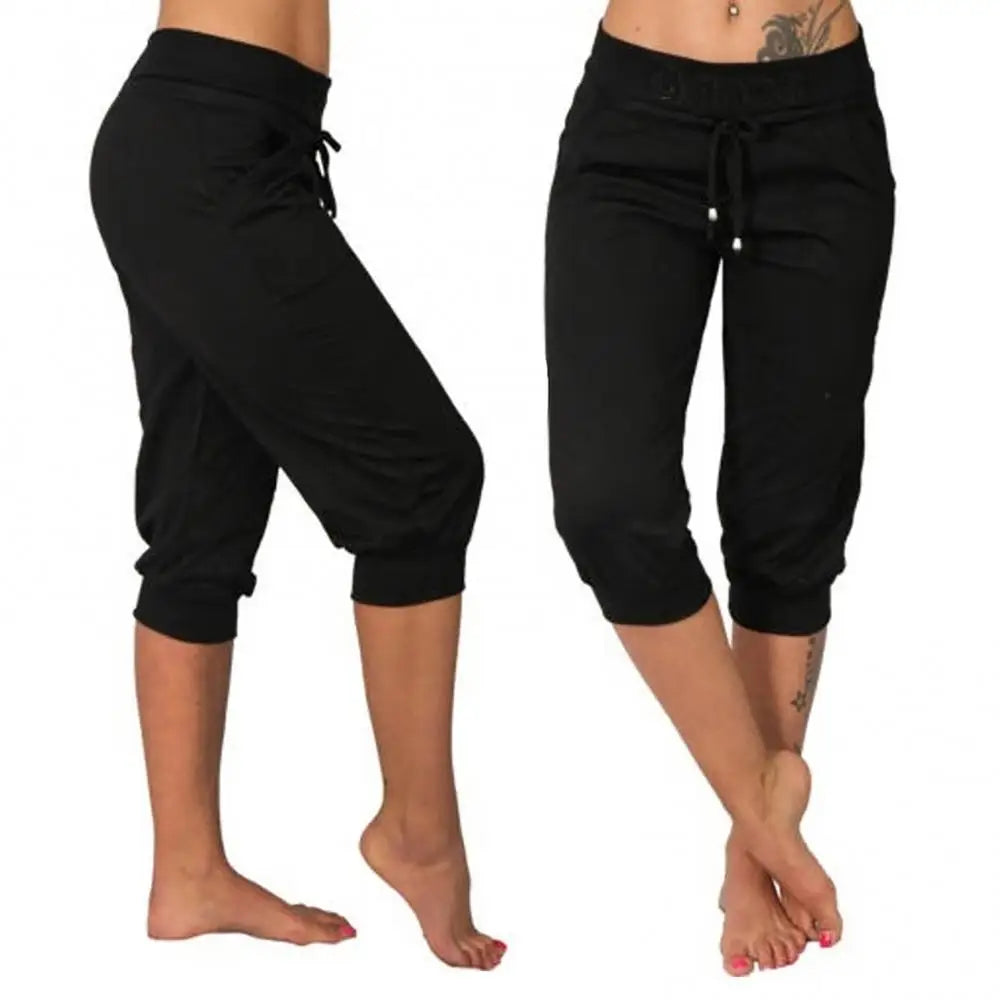 Women Pants Summer 3/4 Trousers Casual Solid Colour Drawstring Pocket Casual Capri