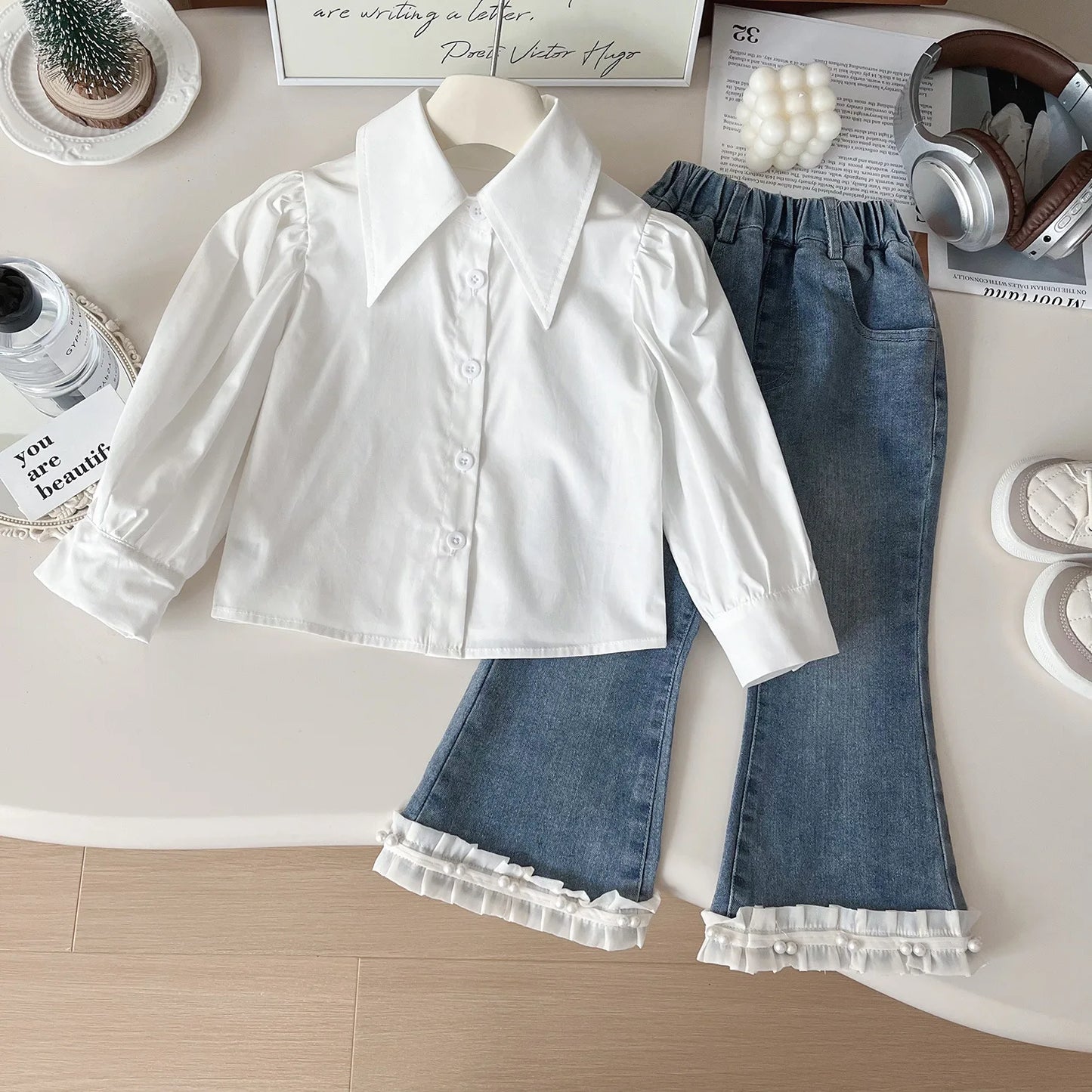 Autumn Girls' Casual Three-Piece Set Trendy Knitted Vest with Solid Pattern Worested Fabric Shirt and Jeans