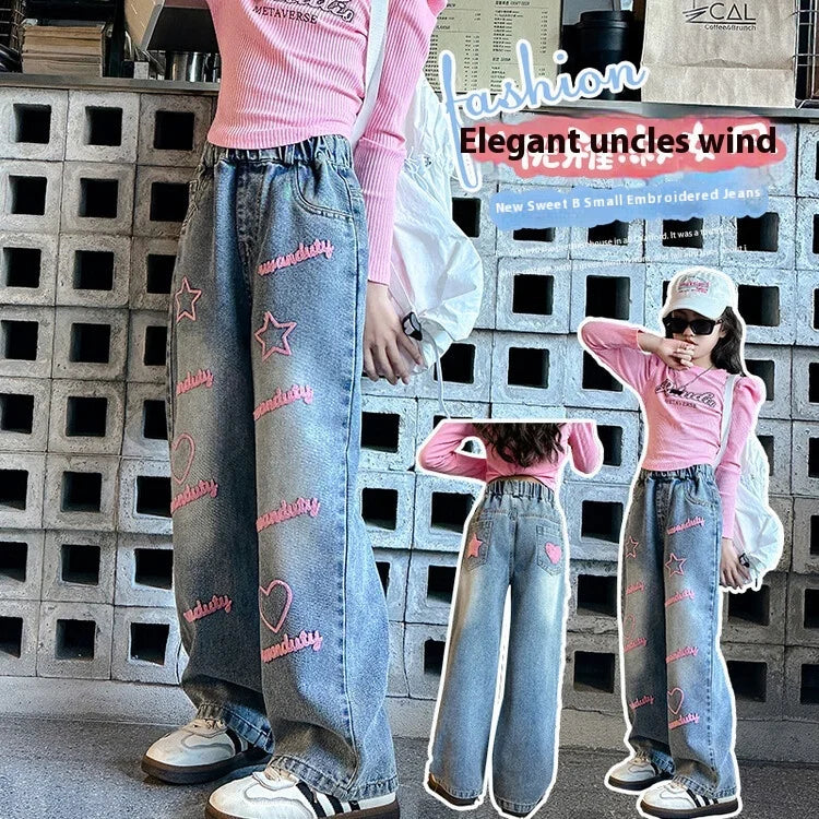 Casual Print Decoration Loose Wide Leg Kids Clothes for Big Girls Baggy Jeans with Straight Style Children's Clothing for Girls