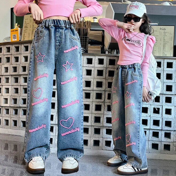 Casual Print Decoration Loose Wide Leg Kids Clothes for Big Girls Baggy Jeans with Straight Style Children's Clothing for Girls