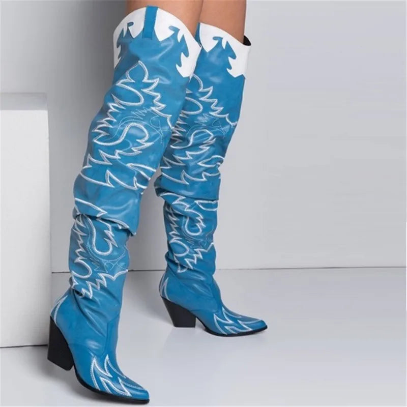 Blue Western Cowboy Over The Knee Boots Fashion Chunky Wedge Heel Designer Pointed Toe Thigh High Boots