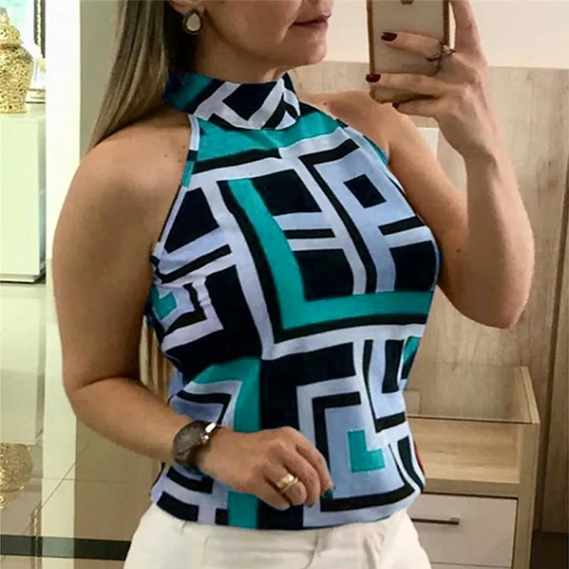 Trendy Tank Top Geometric Print Halter Sexy Casual Sleeveless Shirt.  M-3x