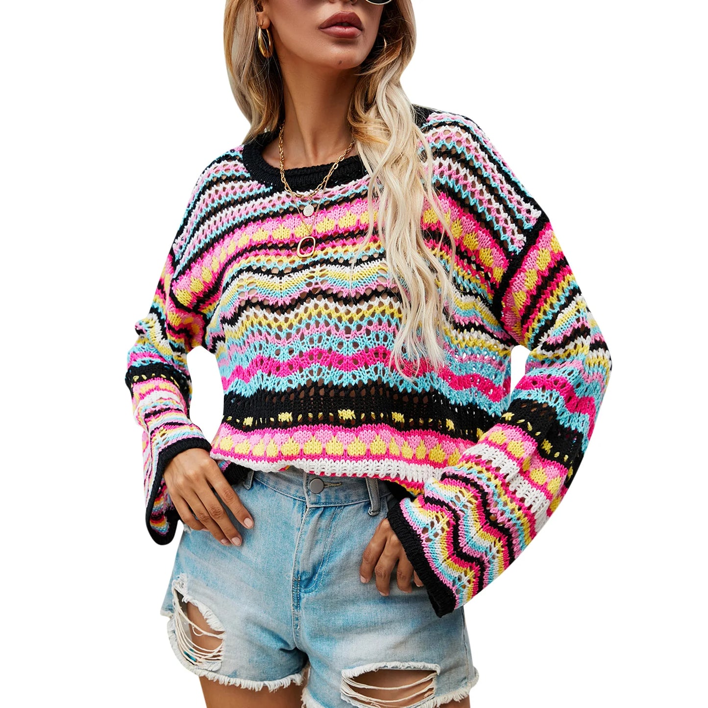 Vintage 90s Striped Sweaters Women Casual Knitted Crochet Chic Long Flared Sleeves Pullover Top.  S-XL
