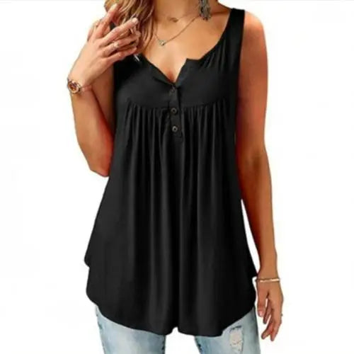 Women Tank Top Loose Solid Sleeveless Pleated Tank Top.   M-3X