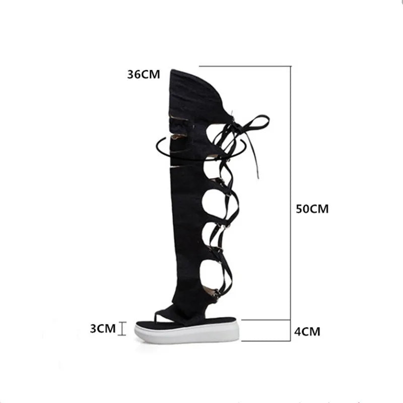 Rome Style Hollow Out Summer Long Denim Shoe/Boots Cross tied High Leg Gladiator Sandal