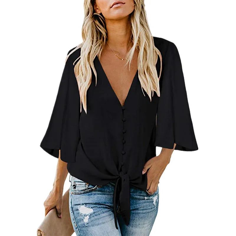 Women's V Neck Top Ruffle Short Sleeve Tie Knot Loose Blouse .  S-2X