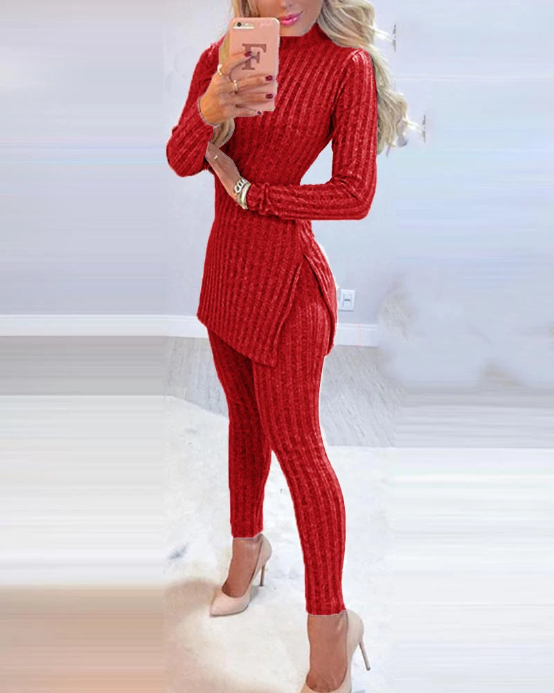 Two Piece Long Sleeve Ribbed Slit Long Top and High Waist Pencil Pant Set Fashion Outfit.