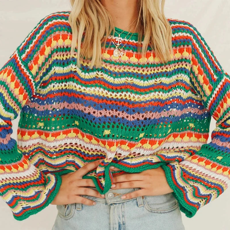 Vintage 90s Striped Sweaters Women Casual Knitted Crochet Chic Long Flared Sleeves Pullover Top.  S-XL