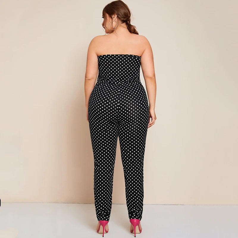 Plus Size Dot Printed Strapless Sexy Pocket Summer Spring Elegant Fashion Jumpsuit.