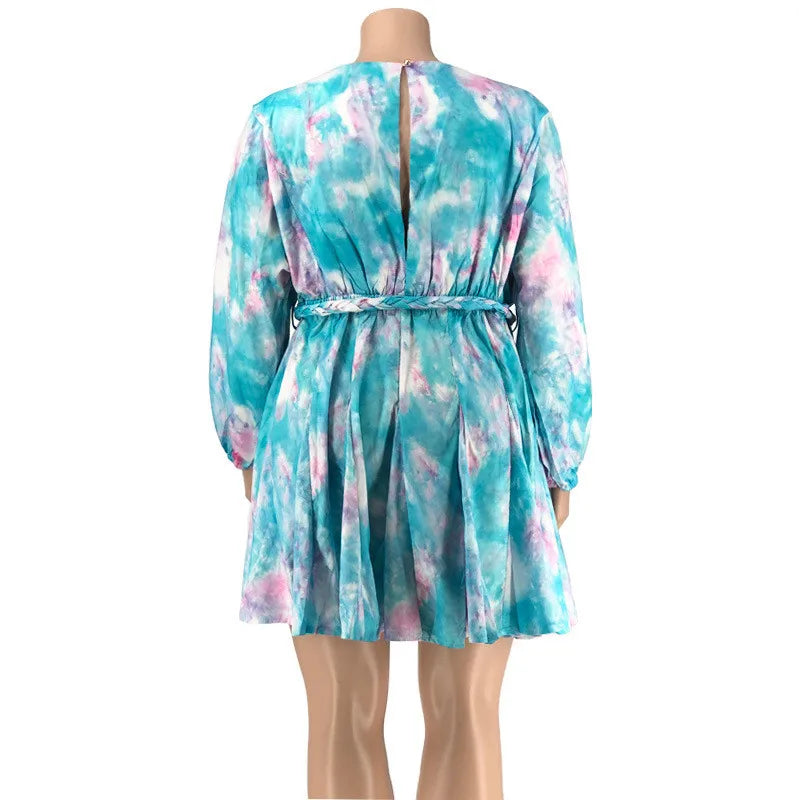 Plus Size Dress Casual Long Sleeve Mini Dress Elastic Waist with Sash Dress