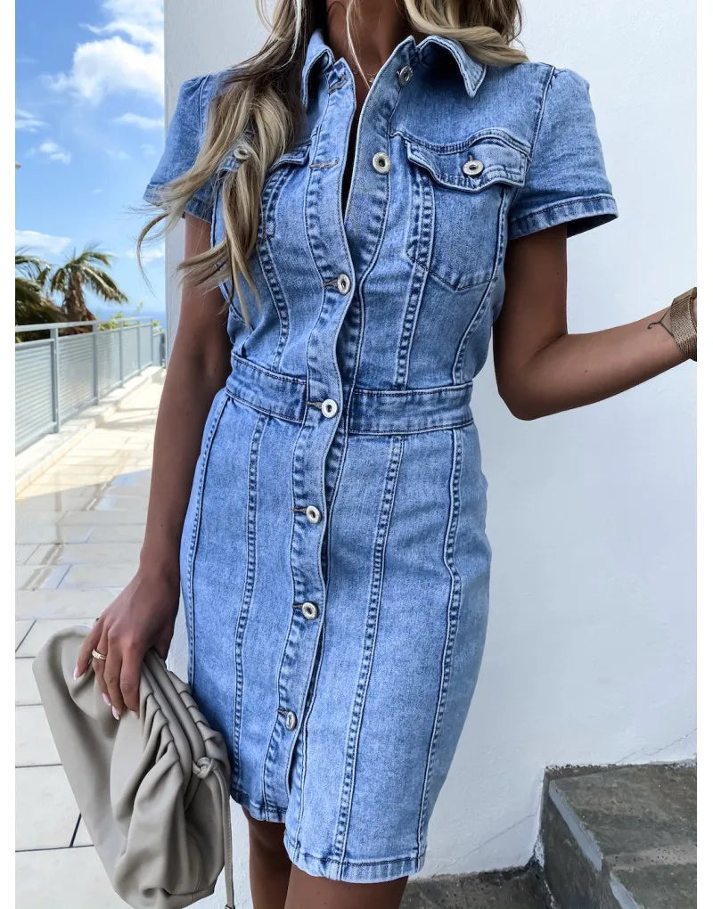 New Arrival Retro Denim Dress For Women Short Sleeve Slim Jean Dress Fashion Casual Stretch Dress.   S-XL