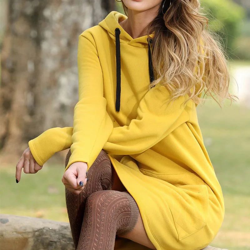 2025 Women Dress/Top Casual Pocket Long Sleeve Hooded Loose Fit Oversized Pullover Hooded Bodycon Dress /Top.   S-5X