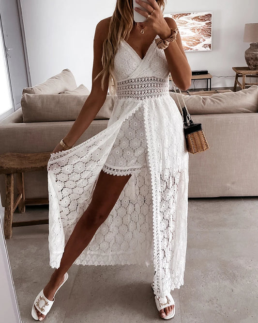 Summer V Neck Solid Color Lace Hollow-Out Sleeveless Sling Party Wear High Waist Romper.