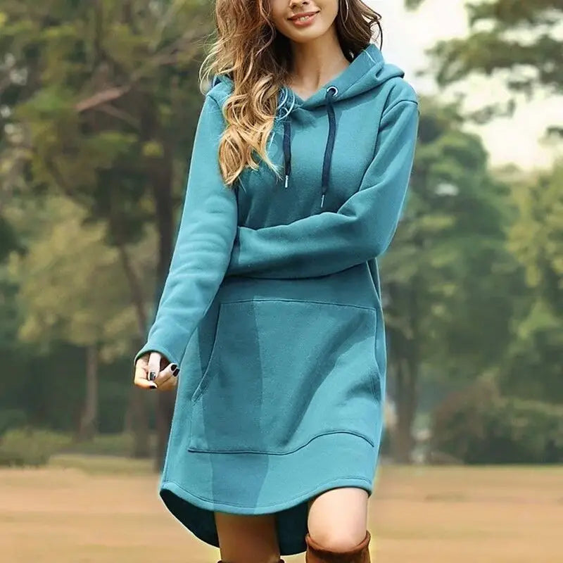 2025 Women Dress/Top Casual Pocket Long Sleeve Hooded Loose Fit Oversized Pullover Hooded Bodycon Dress /Top.   S-5X