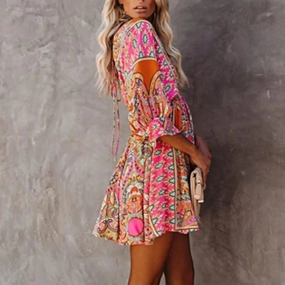 Popular Deep V Neck Mini Dress All Match Pleated Hem Women 3/4 Sleeve Print A-Line Tunic Dress