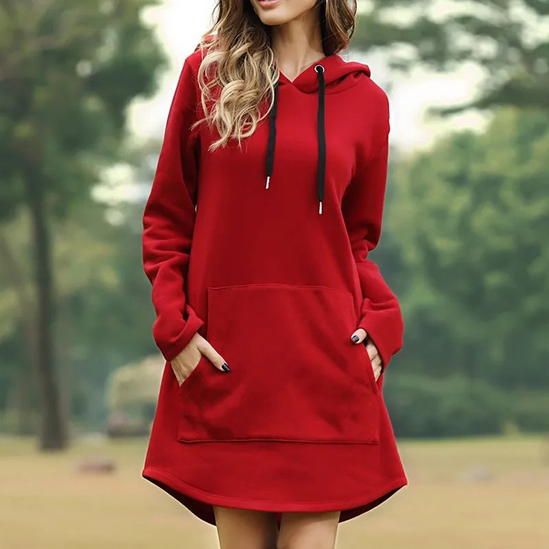 2025 Women Dress/Top Casual Pocket Long Sleeve Hooded Loose Fit Oversized Pullover Hooded Bodycon Dress /Top.   S-5X
