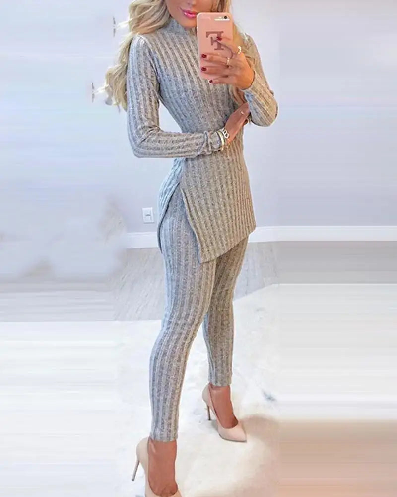 Two Piece Long Sleeve Ribbed Slit Long Top and High Waist Pencil Pant Set Fashion Outfit.