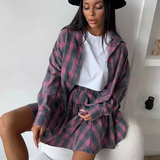 2025 New Fashionable Casual Plaid Skirt Set, Women's Lapel Loose Shirt elastic Waist Skirt Two-piece Set. S-L
