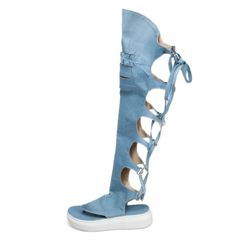 Rome Style Hollow Out Summer Long Denim Shoe/Boots Cross tied High Leg Gladiator Sandal