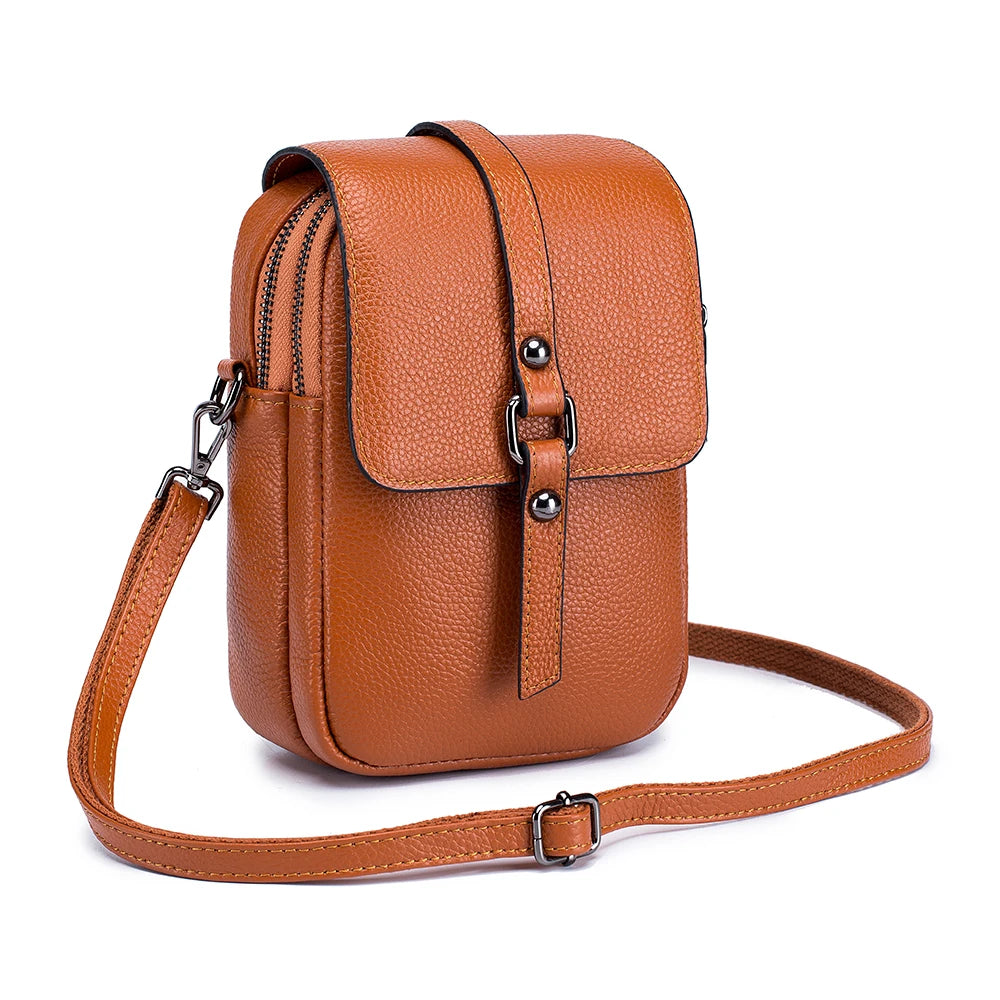 Genuine Leather Women Small Shoulder Bag Cute Crossbody Messenger Female Little Soft Purse Double Zipper Pockets