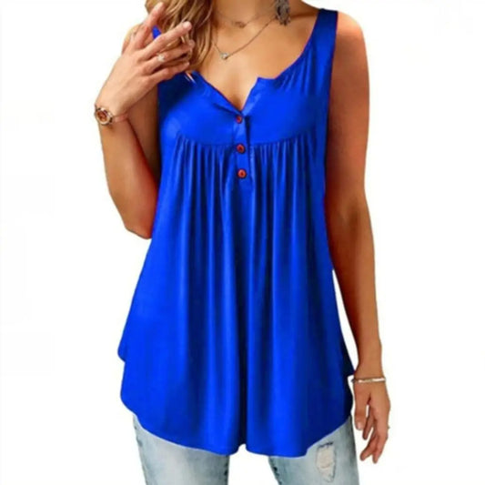 Women Tank Top Loose Solid Sleeveless Pleated Tank Top.   M-3X
