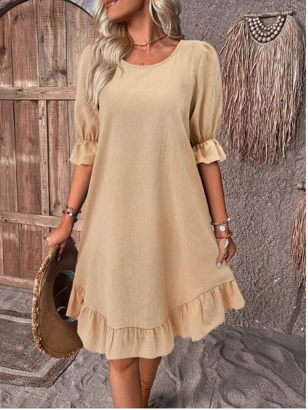 Women's Short Sleeved Round Neck Solid Colour Loose Hem Dress.  S-3X