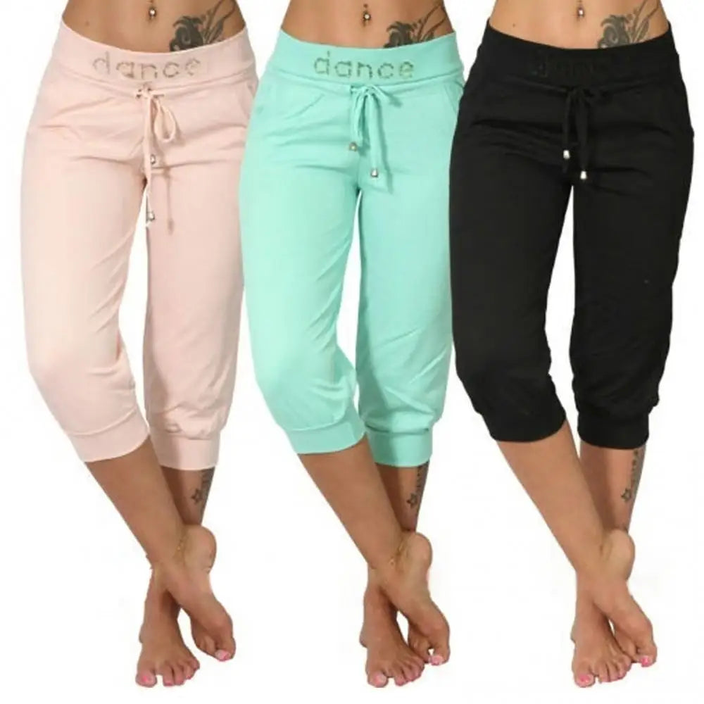 Women Pants Summer 3/4 Trousers Casual Solid Colour Drawstring Pocket Casual Capri