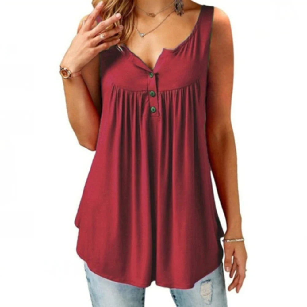 Women Tank Top Loose Solid Sleeveless Pleated Tank Top.   M-3X