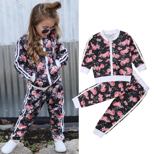 2-6 Yr Autumn Winter Girls Set Flower Print Long Sleeve Zipper Jacket Coat +Pants