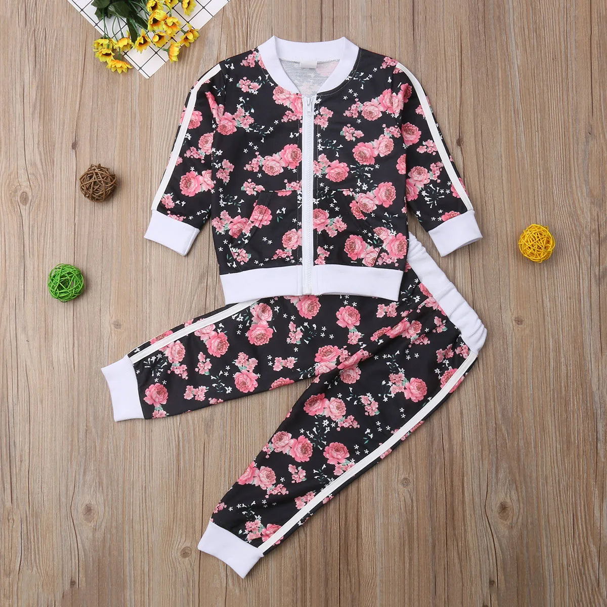 2-6 Yr Autumn Winter Girls Set Flower Print Long Sleeve Zipper Jacket Coat +Pants