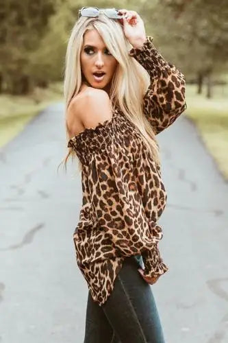 Dourbesty Women Leopard Print Long Sleeve Off Shoulder Blouses Woman Party Club Blouse Ladies Summer Casual Tops Female Hotsale