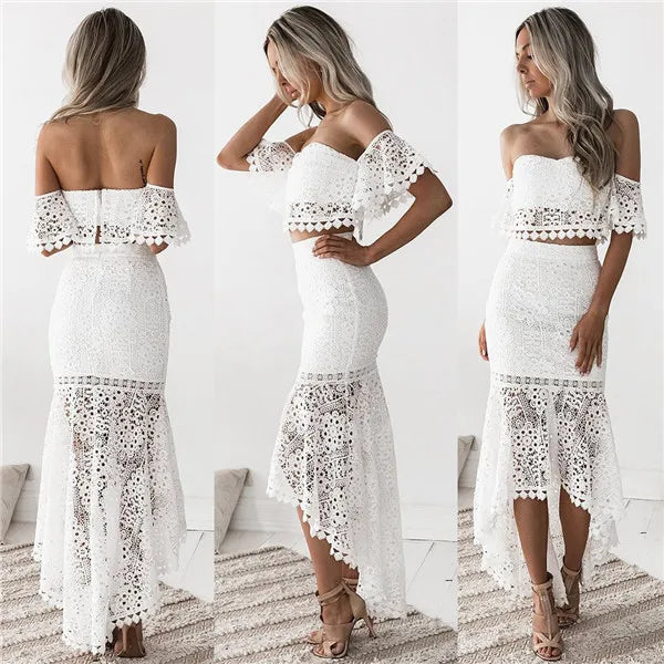 Sexy Lace Hollow Out 2 Piece Set Women Backless Crop Top Ruffles Long Pencil Skirt