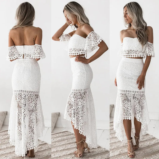 Sexy Lace Hollow Out 2 Piece Set Women Backless Crop Top Ruffles Long Pencil Skirt