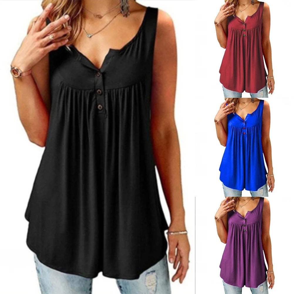 Women Tank Top Loose Solid Sleeveless Pleated Tank Top.   M-3X