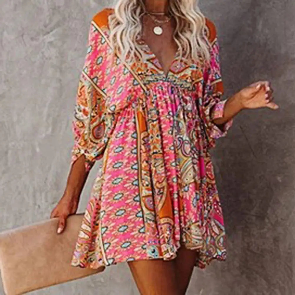 Popular Deep V Neck Mini Dress All Match Pleated Hem Women 3/4 Sleeve Print A-Line Tunic Dress