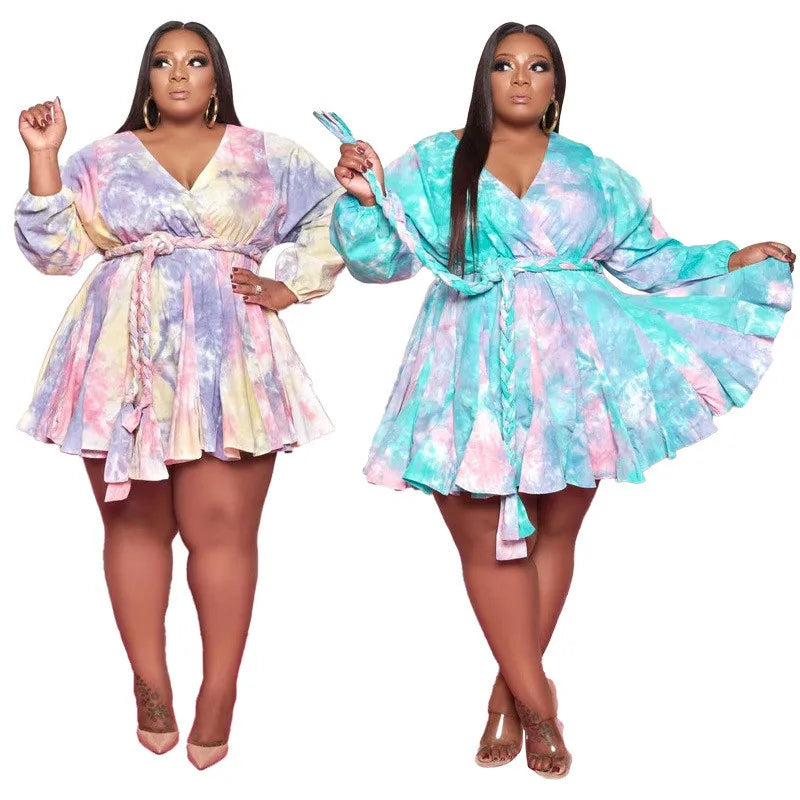 Plus Size Dress Casual Long Sleeve Mini Dress Elastic Waist with Sash Dress