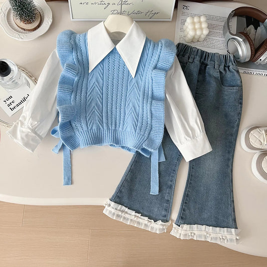 Autumn Girls' Casual Three-Piece Set Trendy Knitted Vest with Solid Pattern Worested Fabric Shirt and Jeans