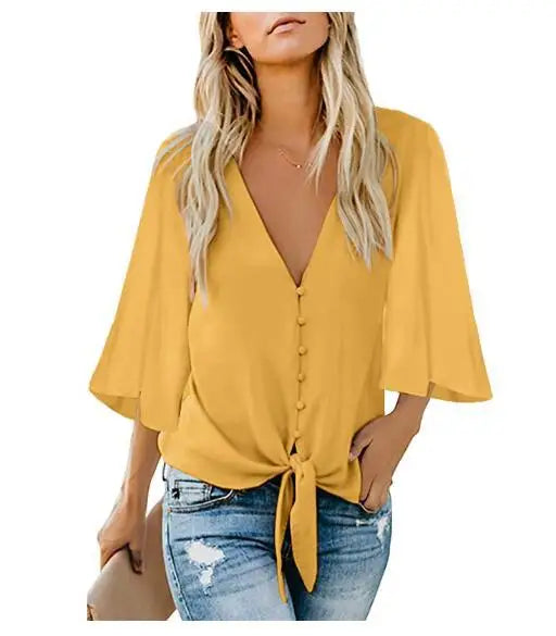 Women's V Neck Top Ruffle Short Sleeve Tie Knot Loose Blouse .  S-2X