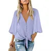 Women's V Neck Top Ruffle Short Sleeve Tie Knot Loose Blouse .  S-2X
