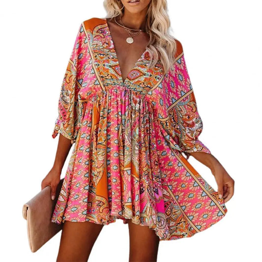 Popular Deep V Neck Mini Dress All Match Pleated Hem Women 3/4 Sleeve Print A-Line Tunic Dress