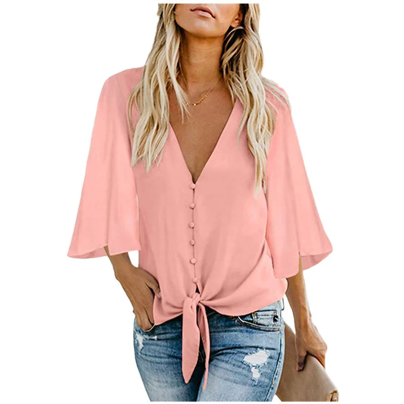 Women's V Neck Top Ruffle Short Sleeve Tie Knot Loose Blouse .  S-2X