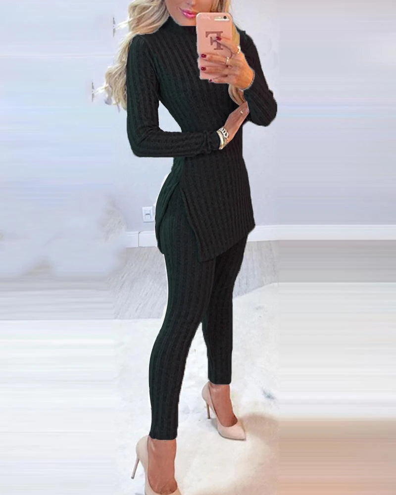 Two Piece Long Sleeve Ribbed Slit Long Top and High Waist Pencil Pant Set Fashion Outfit.