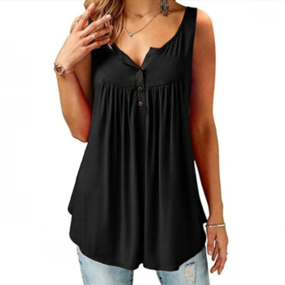 Women Tank Top Loose Solid Sleeveless Pleated Tank Top.   M-3X