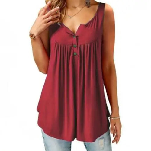 Women Tank Top Loose Solid Sleeveless Pleated Tank Top.   M-3X