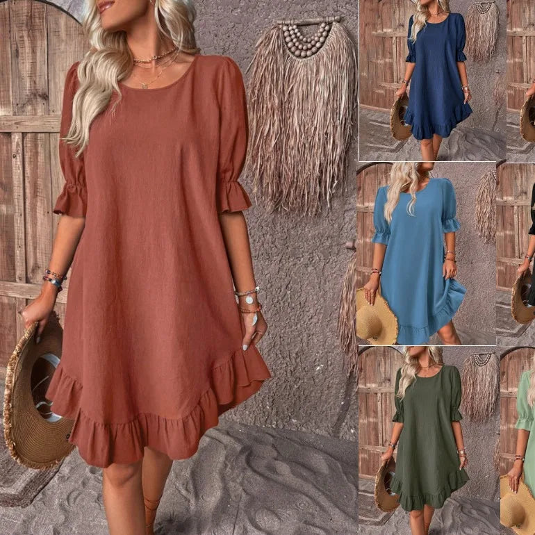 Women's Short Sleeved Round Neck Solid Colour Loose Hem Dress.  S-3X