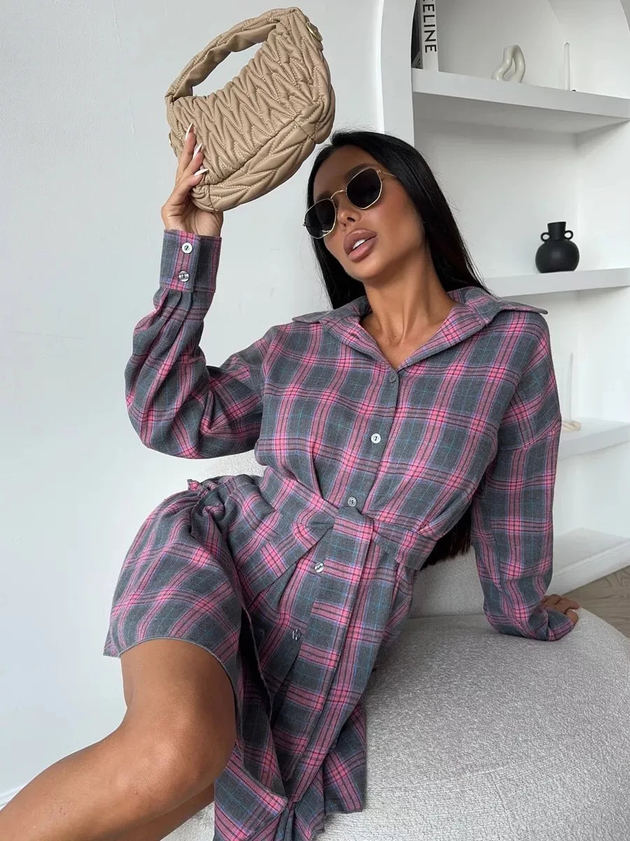 2025 New Fashionable Casual Plaid Skirt Set, Women's Lapel Loose Shirt elastic Waist Skirt Two-piece Set. S-L
