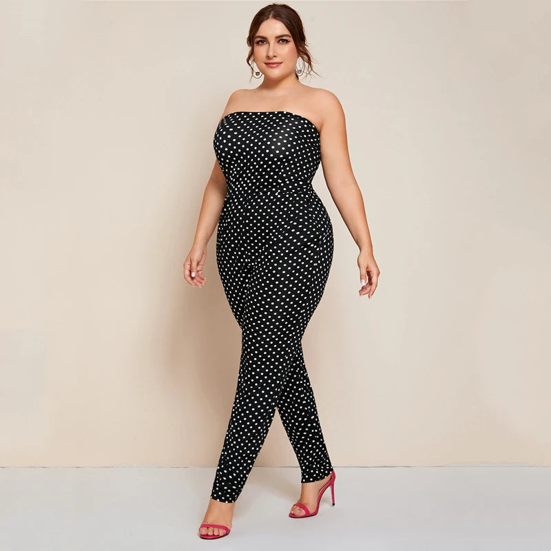 Plus Size Dot Printed Strapless Sexy Pocket Summer Spring Elegant Fashion Jumpsuit.